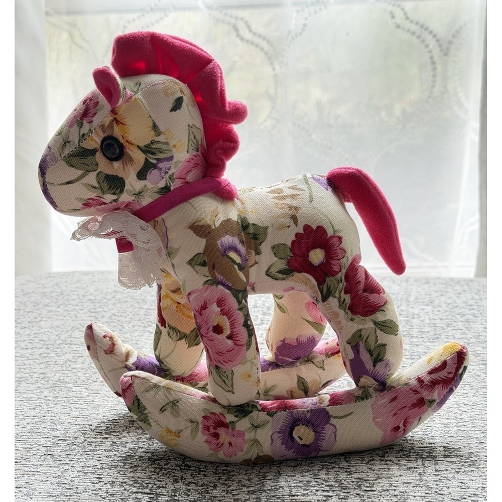 Rare‎ Vtg Plush Pink Floral Rocking Horse Milaca Mills Cottagecore Nursery Baby